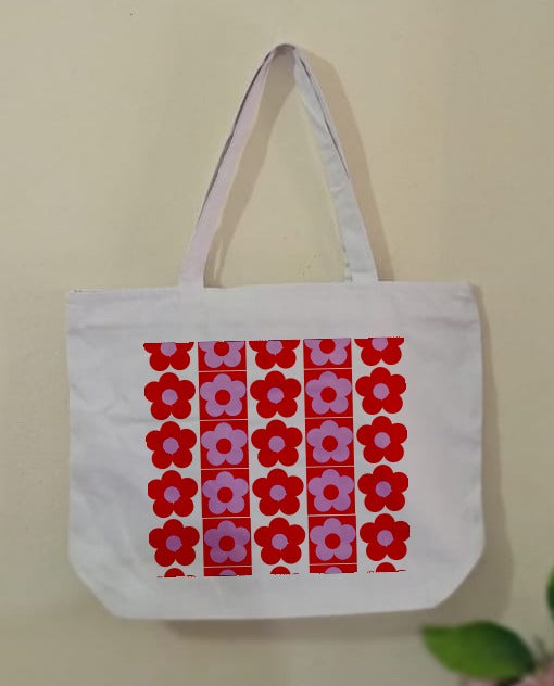 Red Floral Canvas Tote Bag for Women